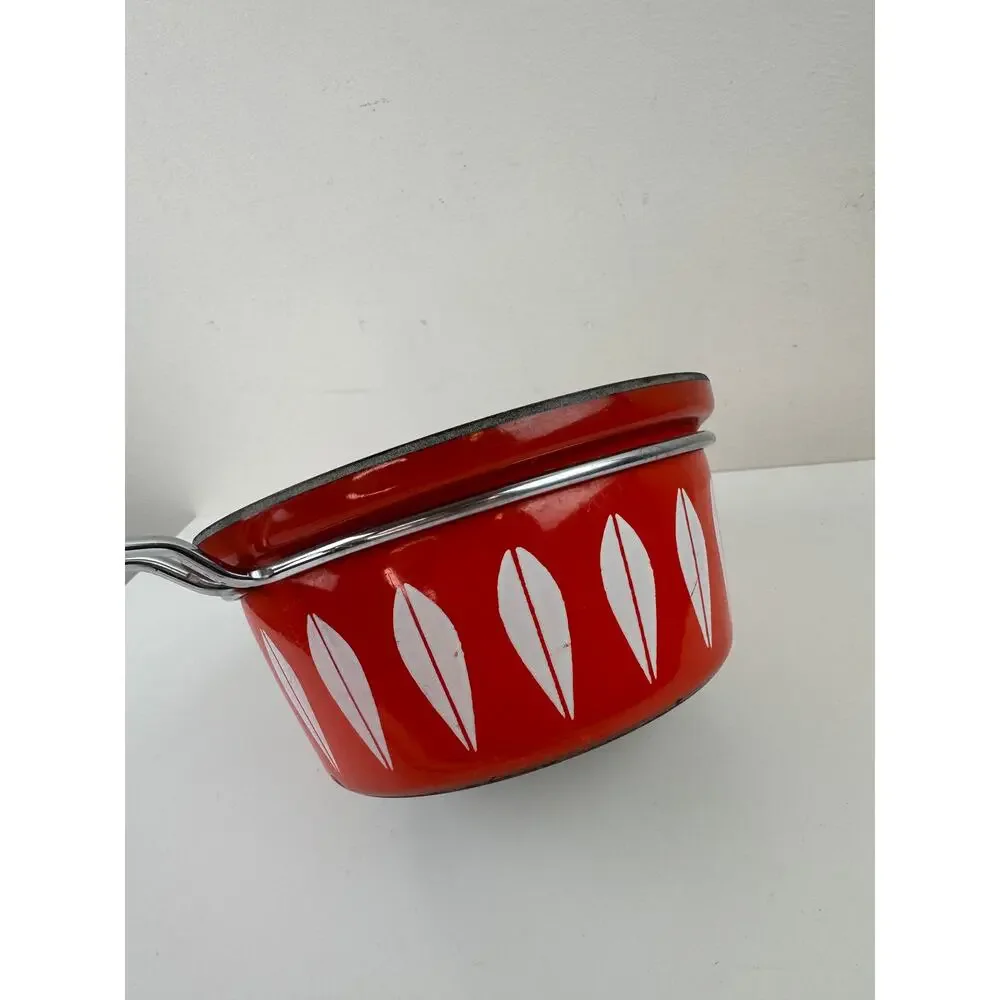 Vintage 1960's Cathrineholm Red White Lotus Pot w/Handle & Lid Made In Norway